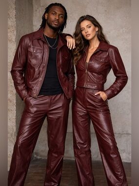 Deerskin Trading Post Burgundy Leather 2 Piece Suit Sz 40 Jacket 32 pant